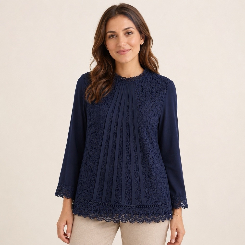 Chico's Size 3 Navy Blue Lace Tunic Blouse Long Sleeve Crochet Trim Boho